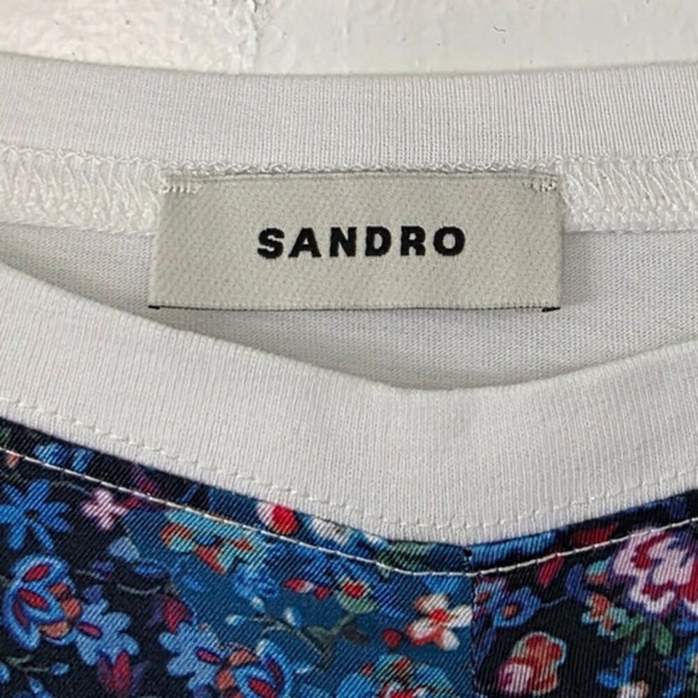 Sandro Lutetia Floral Print Mixed Media Top Open Back Tie Ruched Satin Blouse - Picture 6 of 12